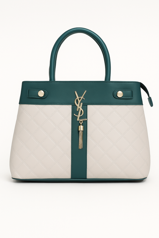 Ivory and teal quilted tote bag with YSL-style gold charm and tassel