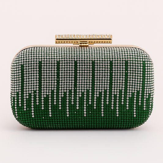 Emerald green and silver crystal rhinestone box clutch bag for evening wear