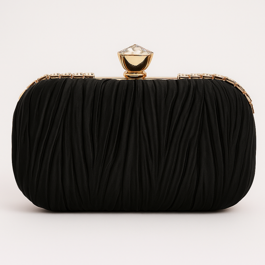 Luxe Black Pleated Clutch – Crystal Top Handle