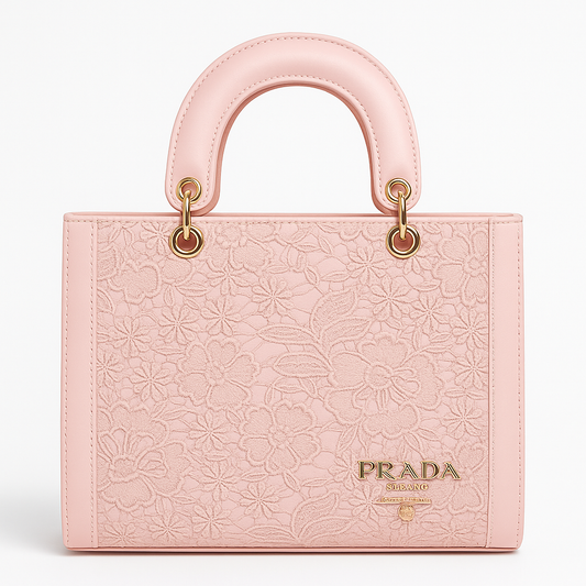 Pink floral-embossed tote bag with structured shape and round top handles – feminine and designer-inspired

